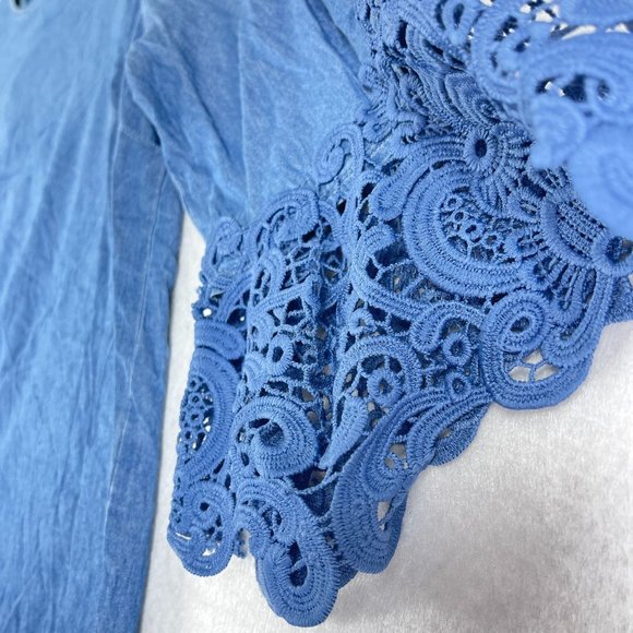 HESTER & ORCHARD Womens L Blue Chambray Lace Ruffle Sleeve Ribbon Tie Back Top - Picture 4 of 10